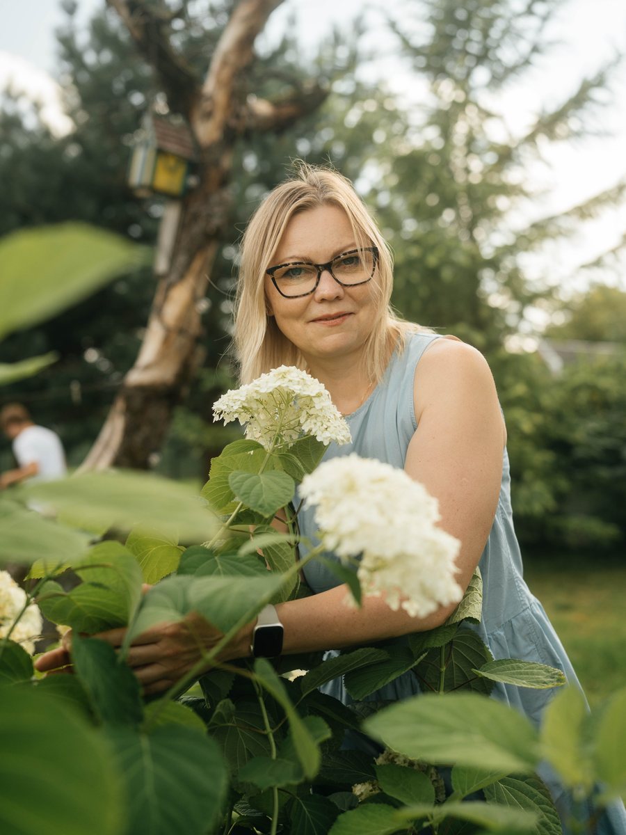 Katya among hydrangea blooms